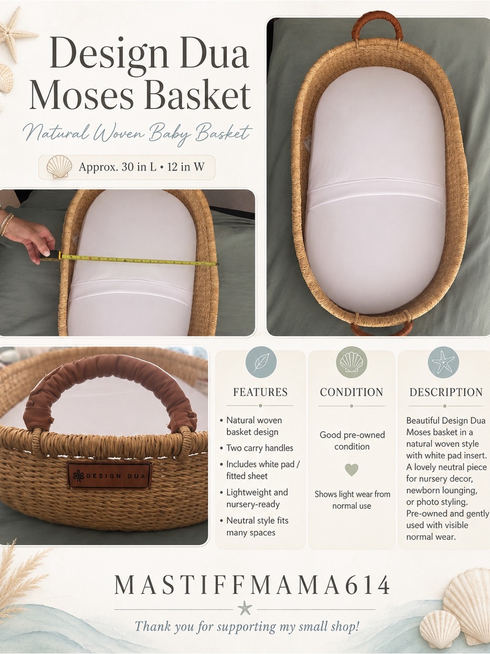 Natural Woven Moses Basket with White Insert